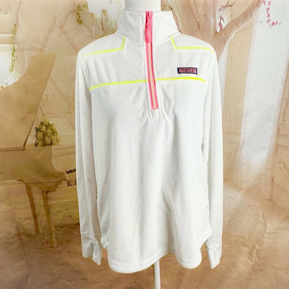 NEW Vineyard Vines Pop Terry Towel Shep White Pullover with Pink Accents